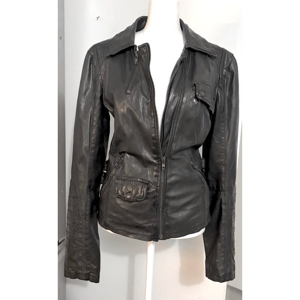 Ikks Black Lambskin Leather Moto Jacket for Women-XS